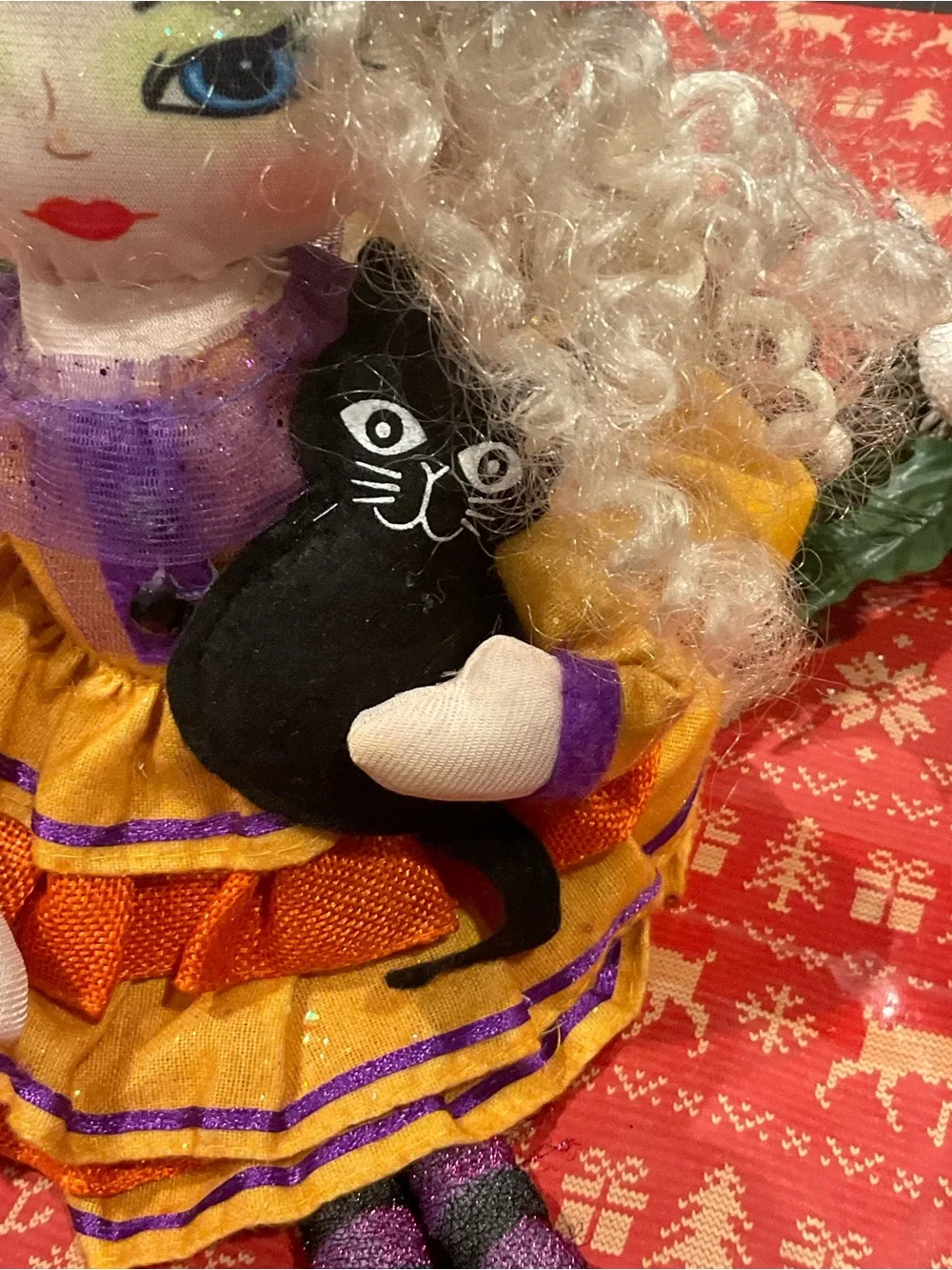 BP-Shelf-Sitting Witch Doll in Orange and Purple - Decorative Plush Figure